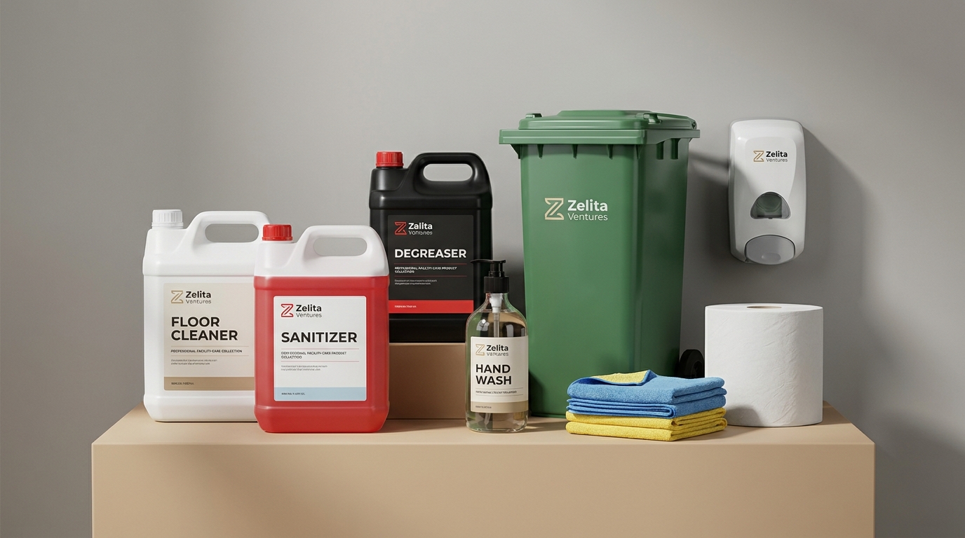 Commercial cleaning chemical products arranged in a professional studio environment
