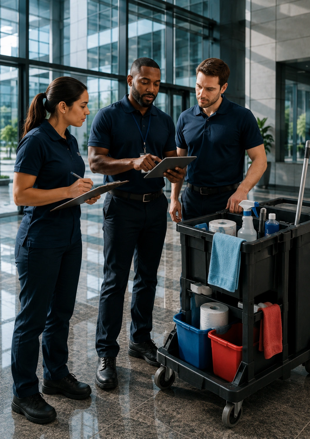 Professional cleaning team working in a modern commercial atrium